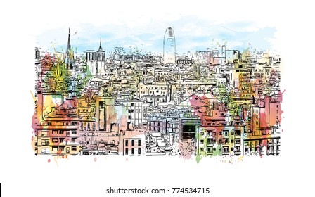 Watercolor painting with splash and sketch of aerial view of Barcelona, Spain in vector illustration.