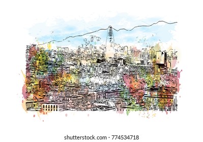 Watercolor painting with splash and sketch of aerial view of Barcelona, Spain in vector illustration.