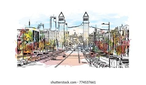 Watercolor painting with splash and sketch of Barcelona Spain in vector illustration.