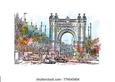 Watercolor painting with splash and sketch of Spain. Barcelona. Triumphal Arch. Hand drawn city sketch. Vector illustration.