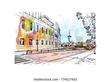 Watercolor painting with splash and sketch of Stadium in Barcelona, Spain in vector illustration.