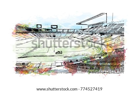 Watercolor painting with splash and sketch of Stadium in Barcelona, Spain in vector illustration.