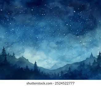 Pintura aquarela do céu noturno estrelado cheio de estrelas cintilantes, com silhuetas de árvores proeminentemente no primeiro plano, cena natural impressionante. Arte vetorial do céu estrelado da noite, árvores altas