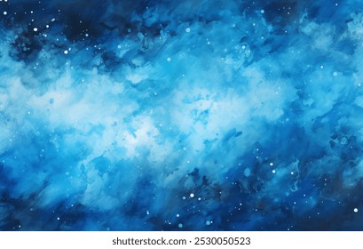 Watercolor painting of a starry night sky, peaceful and serene winter scene. Magical and enchanting atmosphere with snowflakes gently falling down vector background. Misty backdrop and sparkling stars