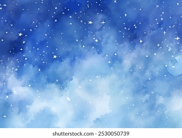 Watercolor painting of starry night sky. Soft blue hues and delicate brushstrokes evoke a sense of cold winter air, with snowflakes gently falling down vector background. Sparkling stars magic