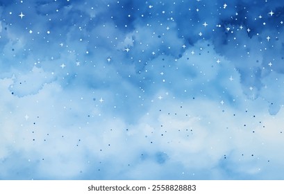 Pintura de acuarela de un cielo nocturno estrellado, invitando a soñar y maravillarse. Nubes esponjosas en tonos de azul, una sensación de tranquilidad y paz. Estrellas brillantes dispersas, brillan como diamantes