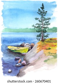 Watercolor painting of a stony bank of a lake or a river with a fisherman boat, stones and a pine tree. Vectorized illustration.