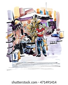 watercolor painting street sellers of chestnuts in market indoors, freehand aquarelle vector illustration