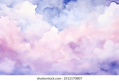 Pintura aquarela de nuvens deslumbrantes flutuando graciosamente no vasto céu, gama de cores e tons com sensação de tranquilidade e paz. Projeto vetorial de nuvens em céu cativante. 