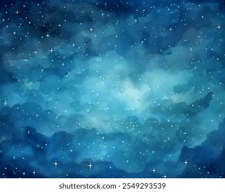 Pintura aquarela do céu noturno deslumbrante com estrelas cintilantes e nuvens fofas à deriva através da atmosfera pacífica meia-noite definindo design vetorial. Céu noturno hipnotizante com incontáveis piscadas