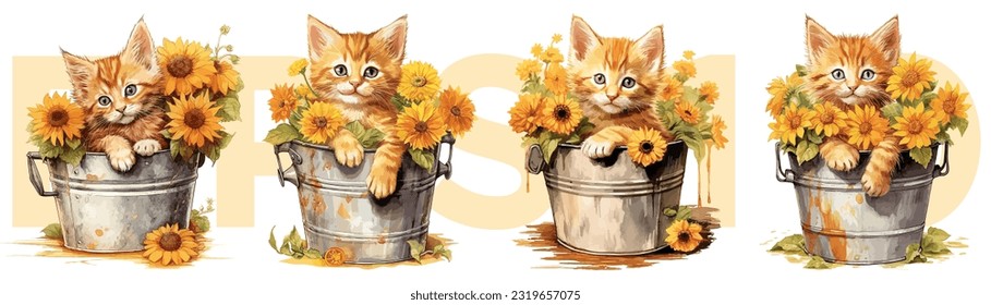 Watercolor painting style of orange kitten and flowers in water bucket, Vector Illustration