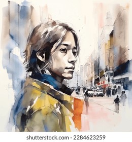 Watercolor painting style of vector art of busy city, street, landscape, neighborhood, people, nature.