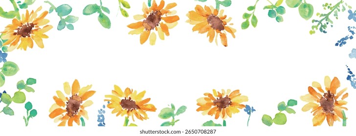 
Watercolor painting. Summer frame of watercolor sunflowers and plants. Vector illustration of sunflowers.