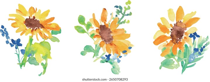 
Watercolor painting. Summer frame of watercolor sunflowers and plants. Vector illustration of sunflowers.