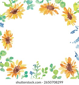 
Watercolor painting. Summer frame of watercolor sunflowers and plants. Vector illustration of sunflowers.