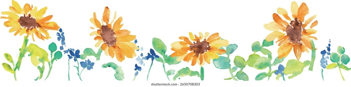 
Watercolor painting. Summer frame of watercolor sunflowers and plants. Vector illustration of sunflowers.