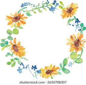 
Watercolor painting. Summer frame of watercolor sunflowers and plants. Vector illustration of sunflowers.