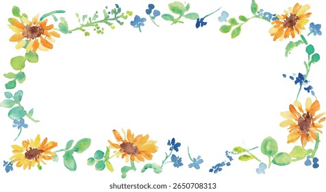 
Watercolor painting. Summer frame of watercolor sunflowers and plants. Vector illustration of sunflowers.