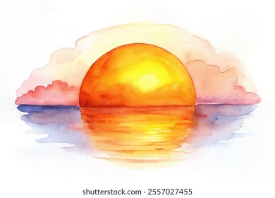 A watercolor painting of a sun setting over the ocean. The sun is orange and the sky is pink. The water is calm and the reflection of the sun is visible. The painting evokes a sense of peace