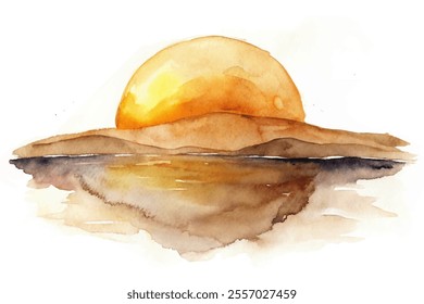 A watercolor painting of a sun setting over a lake. The sun is in the center of the painting and the water is calm. The mood of the painting is peaceful and serene