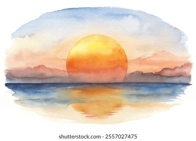 A watercolor painting of a sunset with a large yellow sun in the center. The sky is a mix of blue and orange, and the water is calm. The painting evokes a sense of peace and tranquility