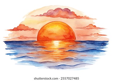 A watercolor painting of a sunset over the ocean with a large orange sun in the center. The sky is filled with clouds, and the water is calm. The painting evokes a sense of peace and tranquility