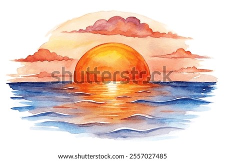 A watercolor painting of a sunset over the ocean with a large orange sun in the center. The sky is filled with clouds, and the water is calm. The painting evokes a sense of peace and tranquility