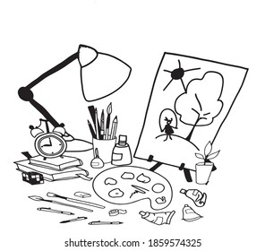 Watercolor painting supplies and lamps