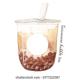 Watercolor painting taiwanese milk tea with bubble in plastic glass.