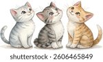 Watercolor painting of three adorable kittens sitting and looking up.  Grey, tabby, and ginger.