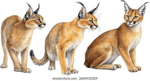 A watercolor painting of three caracals in different poses, showcasing their unique features and coat patterns.