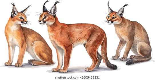 Watercolor painting of three caracals in different poses against a white background.
