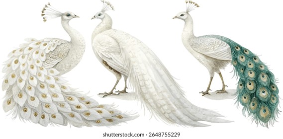 Watercolor painting of three peafowl, two white and one with a teal train.  Isolated on white background.