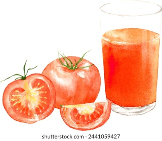 Watercolor painting of tomatoes and tomato juice