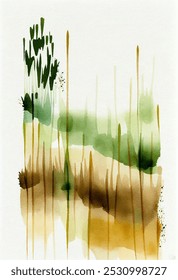 Watercolor painting of trees and grass on a white background vector illustration. Exquisite watercolor painting of trees and lush green grass on white background, emphasizing natures vibrant colors