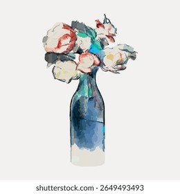 Pintura aquarela de um vaso com flores. O vaso é azul, e as flores estão em tons pastel macio. Artístico, aquarela, flores e vaso criam uma imagem serena. Vetor de flores vintage.