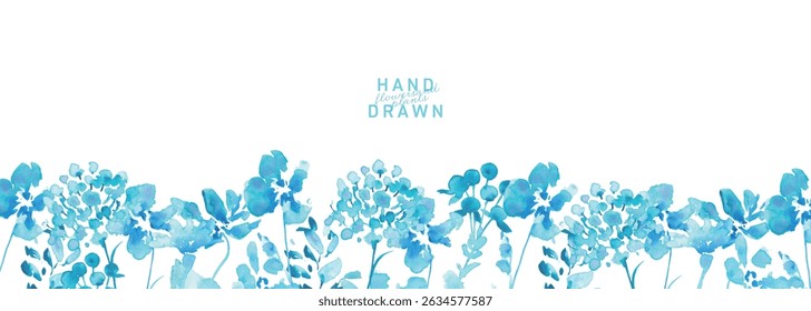 Watercolor painting. Vector frame of blue flowers with watercolor touch. Fresh blue flowers of summer.