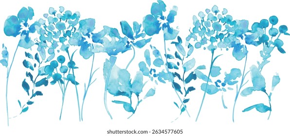 Watercolor painting. Vector frame of blue flowers with watercolor touch. Fresh blue flowers of summer.