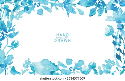 Watercolor painting. Vector frame of blue flowers with watercolor touch. Fresh blue flowers of summer.