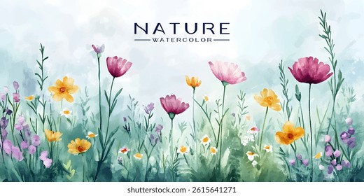 watercolor painting of a vibrant flower meadow.