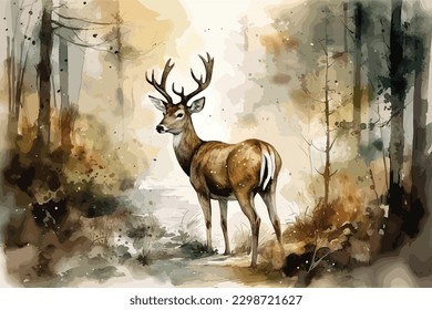 Watercolor painting white background forest deer