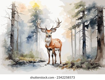 Watercolor painting white background forest deer.