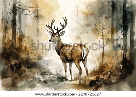 Watercolor painting white background forest deer