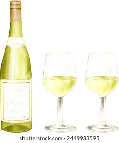 Watercolor painting of white wine and wine glasses