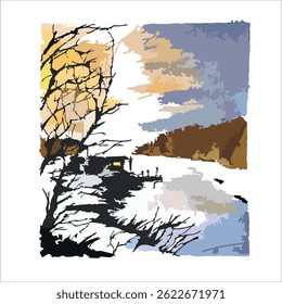 Watercolor painting of Winter Cabin by the Frozen River at Sunset. Good for cover book, poster, postcard, or greetings card