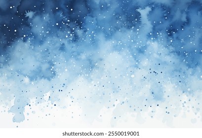 Pintura de acuarela de la escena invernal. Vector Imagen de mezcla mágica de tonos azules, Clima frío y helado. Nieve suave que cae atmósfera delicada y etérea de una noche congelada