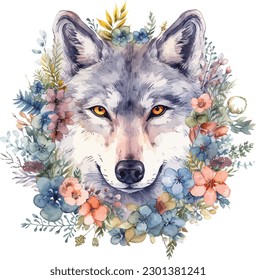 Watercolor painting of a wolf with flowers wreath. Isolated on white background. svg