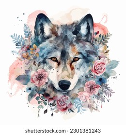 Watercolor painting of a wolf with flowers wreath. Isolated on white background.