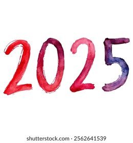 Watercolor painting of the year 2025 in vibrant red and purple hues. This hand-painted number is perfect for New Year's designs, calendars, invitations, or any project related to the year 2025.