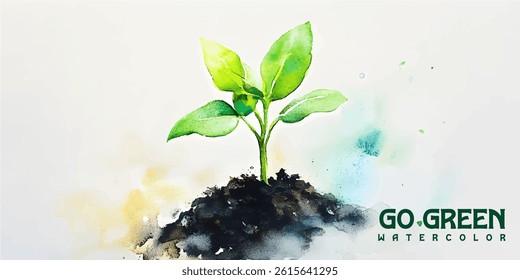 Watercolor painting of a young plant emerging from soil. watercolor of small plant sprouting from dark soil